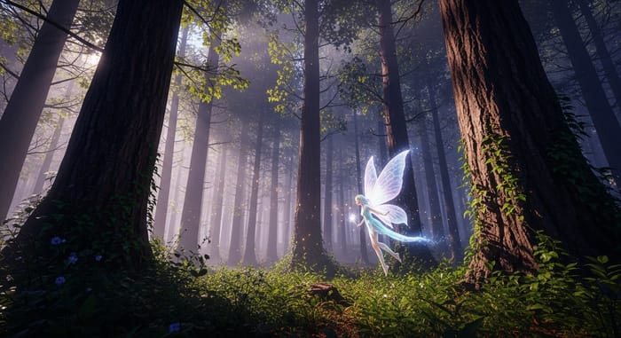 Enchanting Mystical Forest Scene with Glowing Fairy