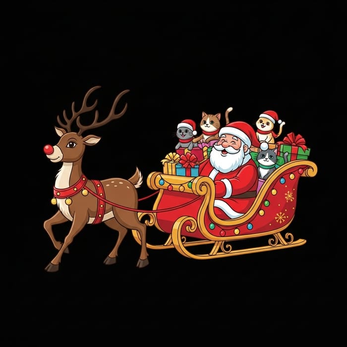 Festive Holiday Reindeer & Santa Sleigh with Cats Vector Graphic
