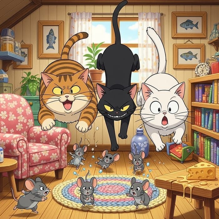 Playful Anime Cats Chasing Five Mice Through Cozy Home Playful Anime Cats Chasing Five Mice Through Cozy Home