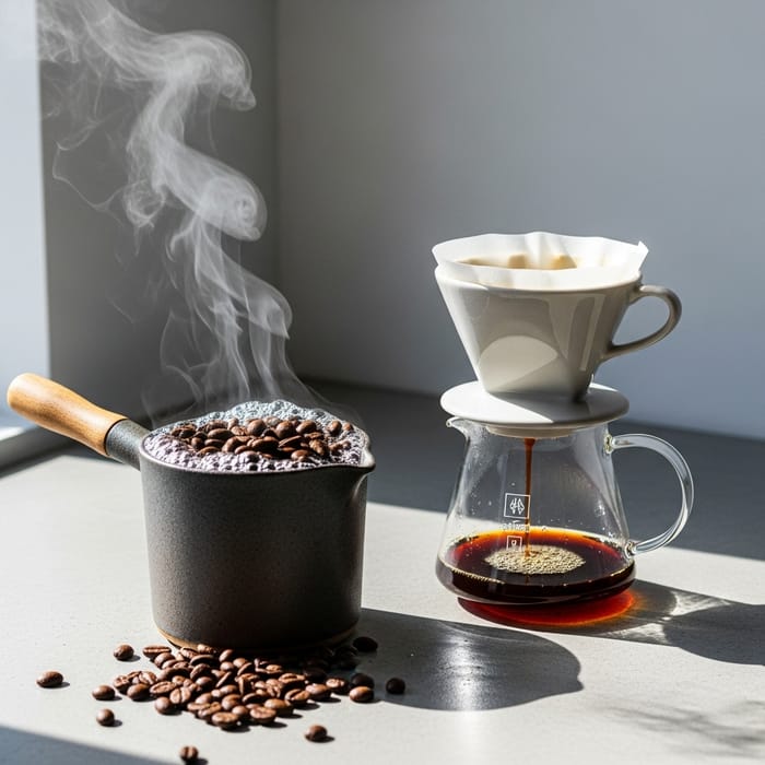 Minimalist Coffee Brewing: Ceramic Pot & Beans Minimalist Coffee Brewing: Ceramic Pot & Beans