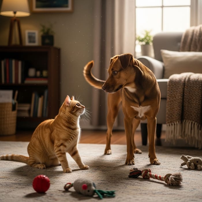 Playful Cat and Dog Friendship in Home Setting