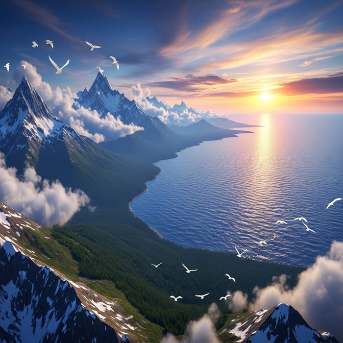 Dramatic Earth Landscape: Majestic Mountains and Sunset Reflections Dramatic Earth Landscape: Majestic Mountains and Sunset Reflections