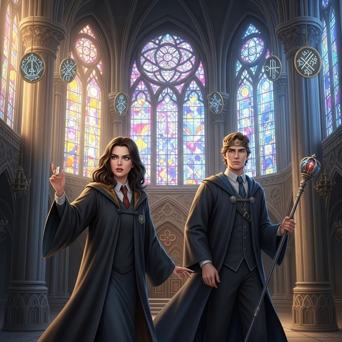 Brunette Woman and Mysterious Prince in Grandiose Gothic Magic Academy
