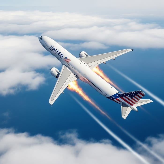 White Airplane Crashing in Blue Ocean with US Flag and Burning Engines White Airplane Crashing in Blue Ocean with US Flag and Burning Engines