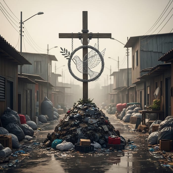 Wooden Cross Standing amidst Urban Decay - Symbolizing Resilience and Hope Wooden Cross Standing amidst Urban Decay - Symbolizing Resilience and Hope