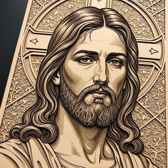 3D Engraved Wooden Portrait of Jesus Christ - Masterful Craftsmanship 3D Engraved Wooden Portrait of Jesus Christ - Masterful Craftsmanship