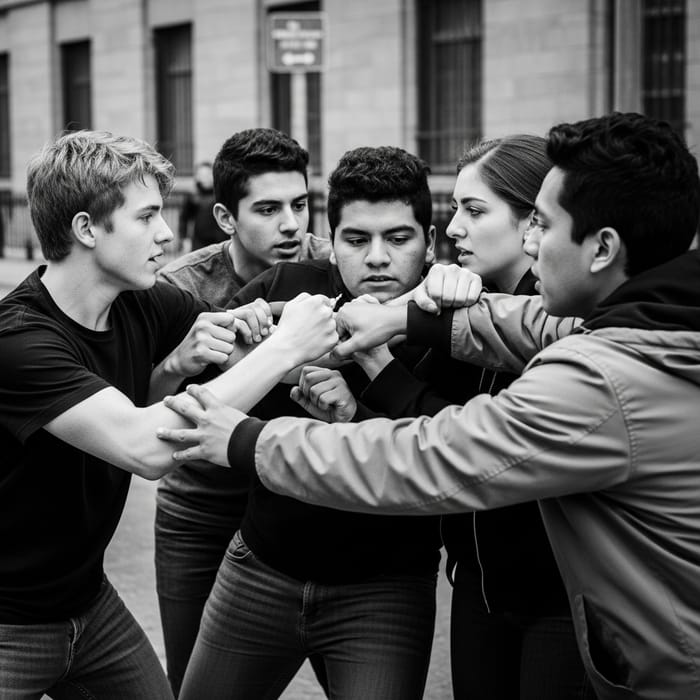 Urban Confrontation: A Dramatic Black and White Scene
