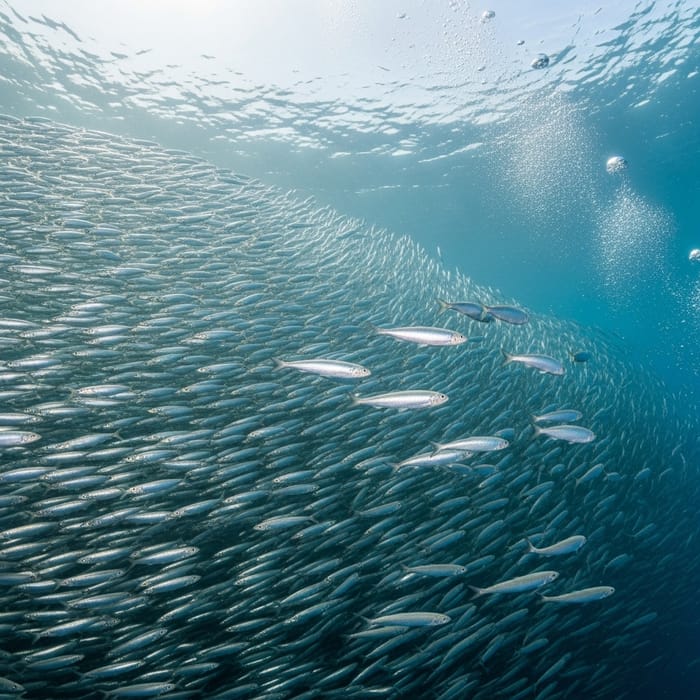 Fascinating School of Sardines - Unique Underwater Scene with Intriguing Visual Contrast Fascinating School of Sardines - Unique Underwater Scene with Intriguing Visual Contrast