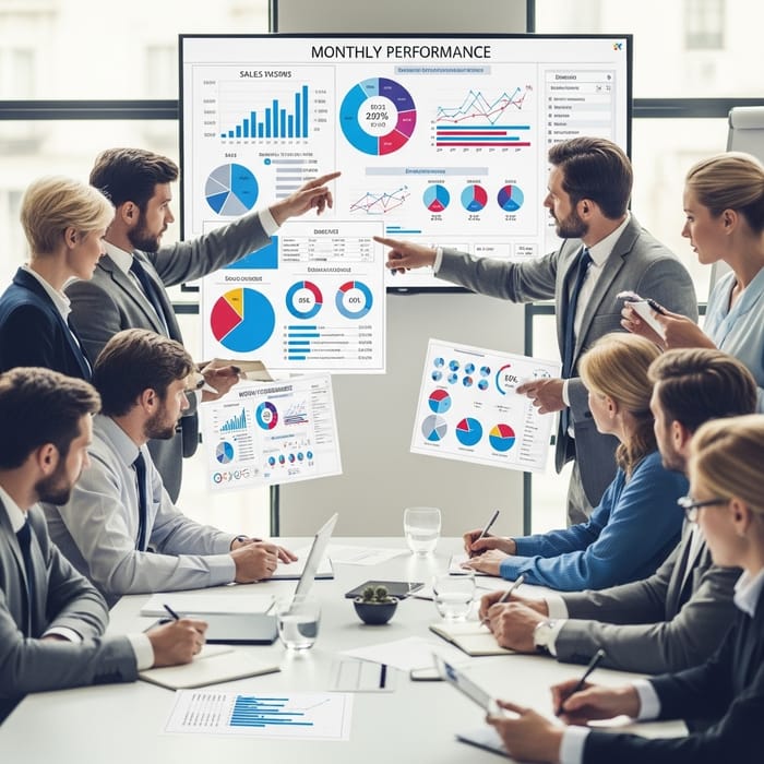 European Sales Team Analyzing Monthly Results: Importance of KPIs European Sales Team Analyzing Monthly Results: Importance of KPIs