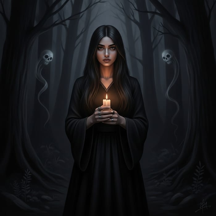 Mysterious Dark Witch in Forest with Candle and Rings