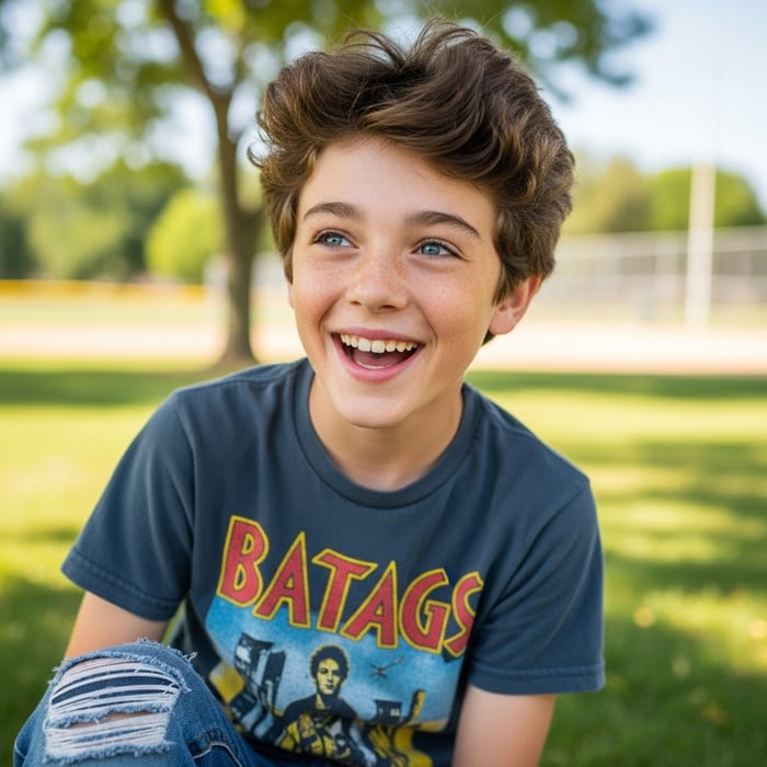 Vibrant Blue Eyes & Brown Fluffy Hair: 13-Year-Old American Boy