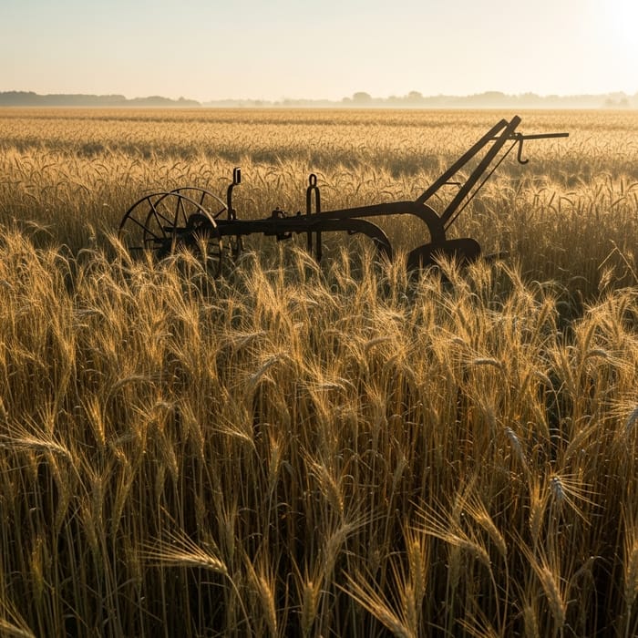 Plow and Wheat Stalks: Golden Morning Agriculture Scene Plow and Wheat Stalks: Golden Morning Agriculture Scene
