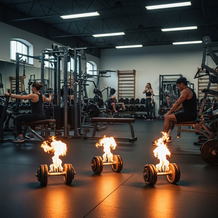 Vintage Gym with Flaming Dumbbells | Fiery Retro Fitness Scene
