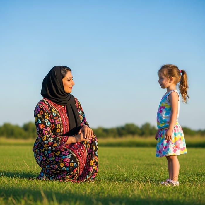 Mother Gazing at Daughter in Serene Setting Mother Gazing at Daughter in Serene Setting
