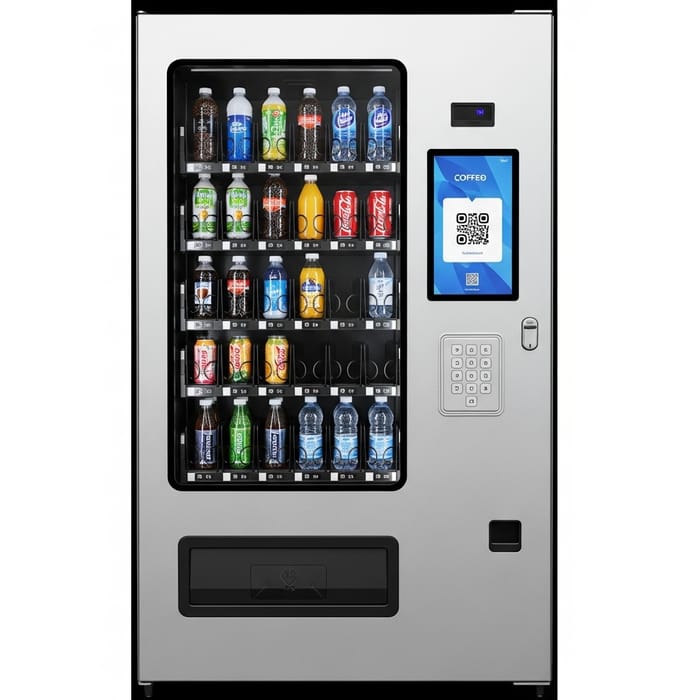Sleek Vending Machine with Touchscreen & Beverage Dispensers