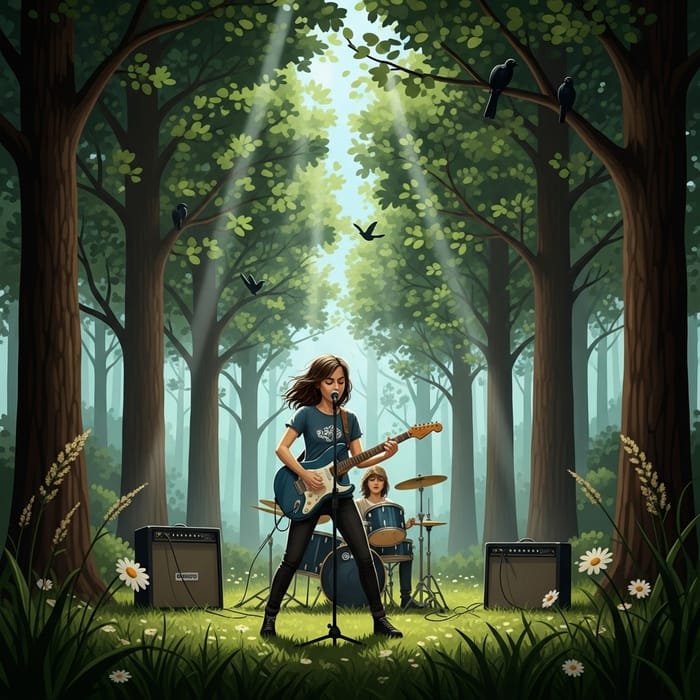 Young Female Rock n Roller Performing Joyfully in Forest