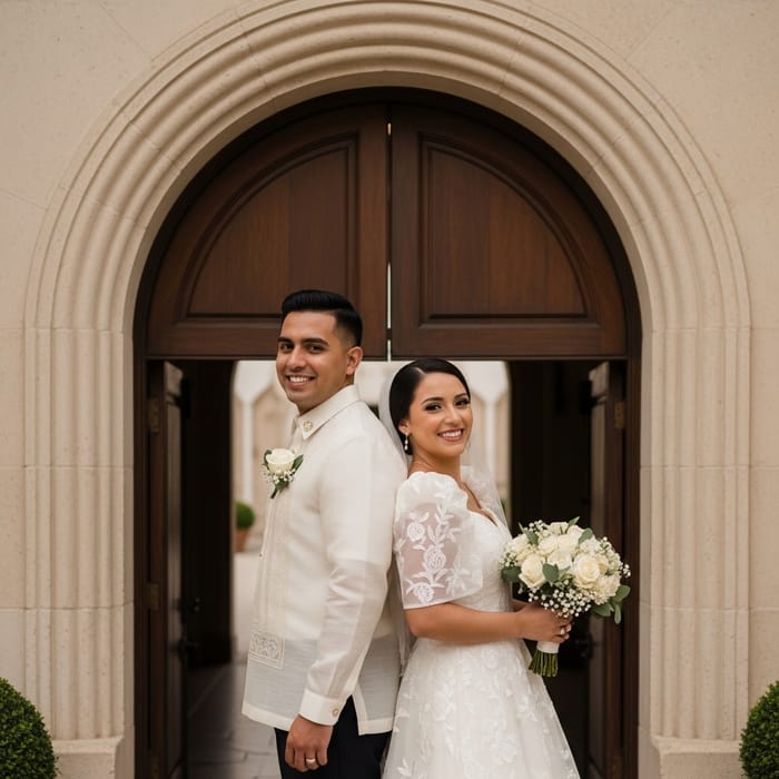 Excited Bride in Belo and Patient Groom in Barong at Doorway Excited Bride in Belo and Patient Groom in Barong at Doorway