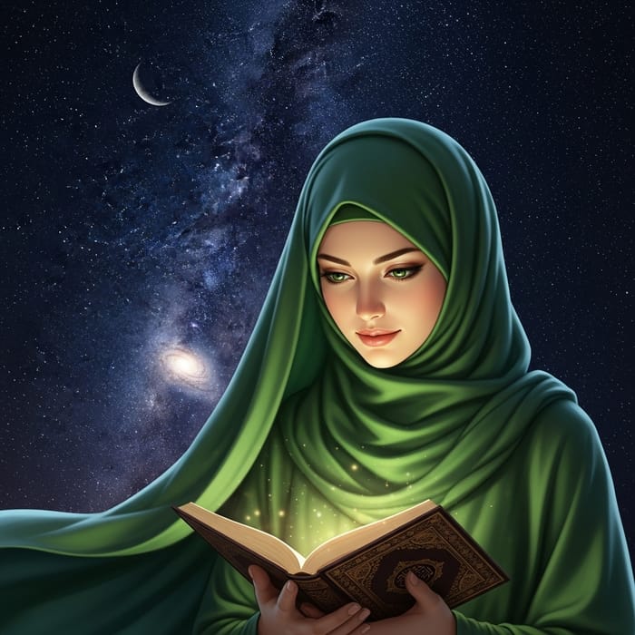 Beautiful Muslim Woman with Green Eyes Holding Opened Quran under Starry Sky