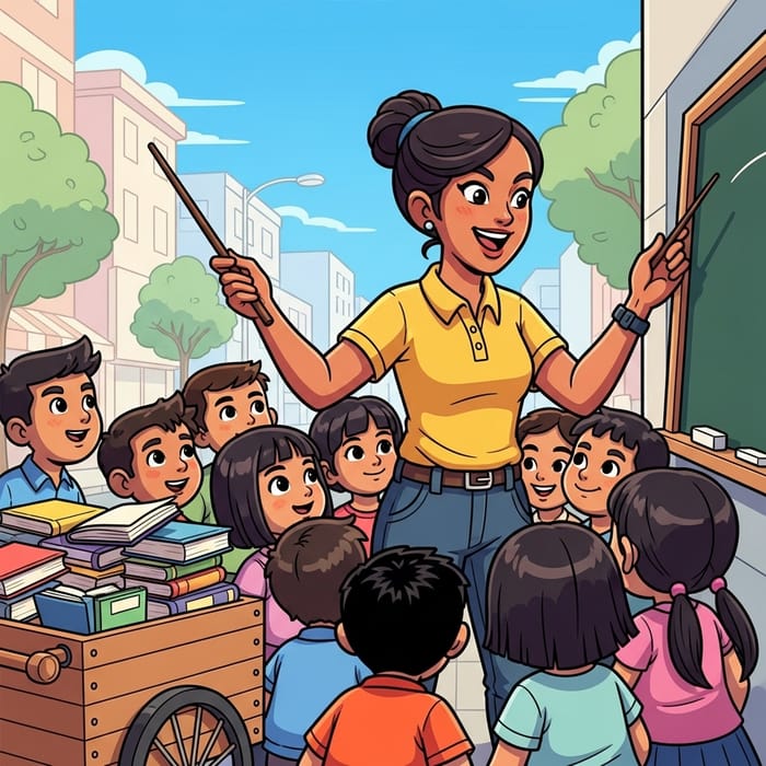 Outdoor Filipino Female Teacher Cartoon Characters Teaching with Books Cart Outdoor Filipino Female Teacher Cartoon Characters Teaching with Books Cart