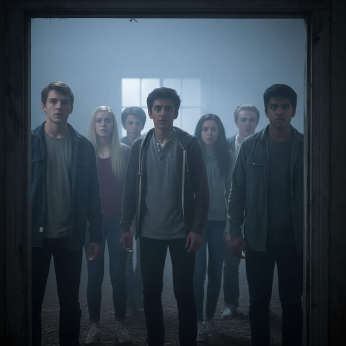 Scared Teens in Dark Abandoned House on Foggy Night Scared Teens in Dark Abandoned House on Foggy Night
