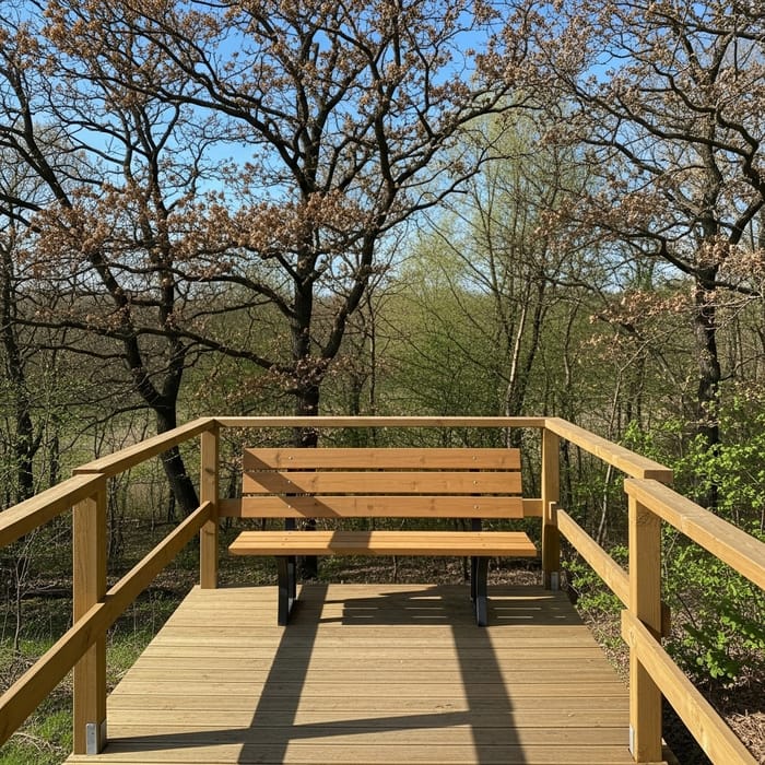 Tranquil Wooden Bench and Observation Deck in Forest by Lake Tranquil Wooden Bench and Observation Deck in Forest by Lake