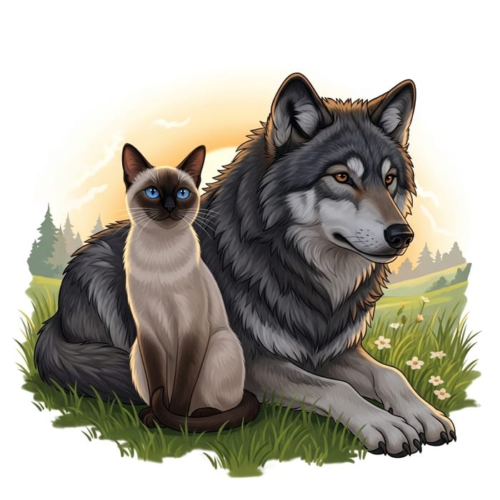 Siamese Cat and Wolf - Unlikely Friendship in Meadow Siamese Cat and Wolf - Unlikely Friendship in Meadow