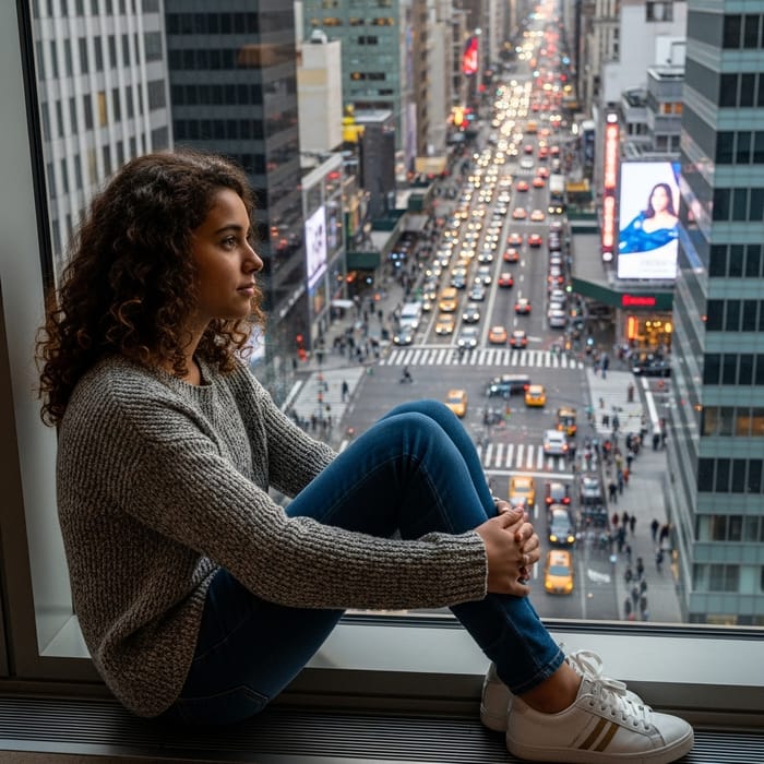 Girl with Curly Hair Contemplates NYC Streets | Urban Skyline View