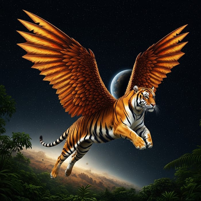 Majestic Flying Tiger Soaring Through Space