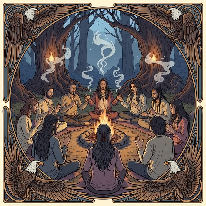 Shamanic Circle Singers in Sacred Chant with Eagles