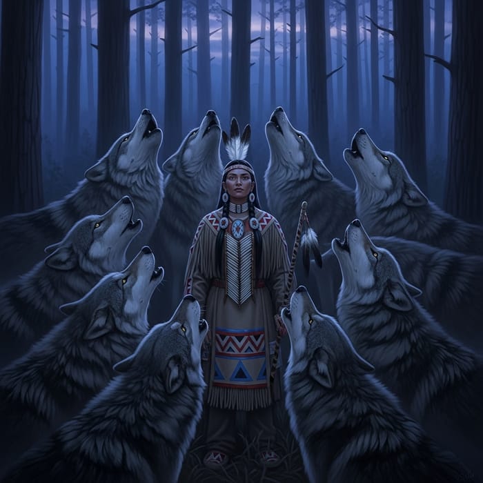 Native American Woman & Howling Wolves Native American Woman & Howling Wolves