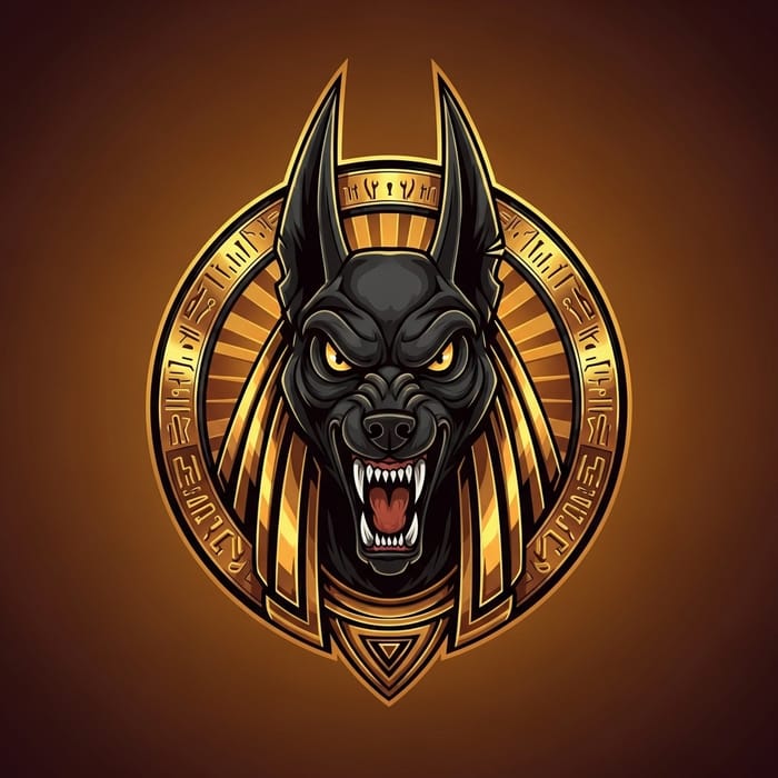 Golden Anubis Emblem: Mythological God in Aggressive Pose Golden Anubis Emblem: Mythological God in Aggressive Pose