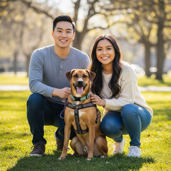 Happy Dog with Owners in Park | Warm and Affectionate Bond