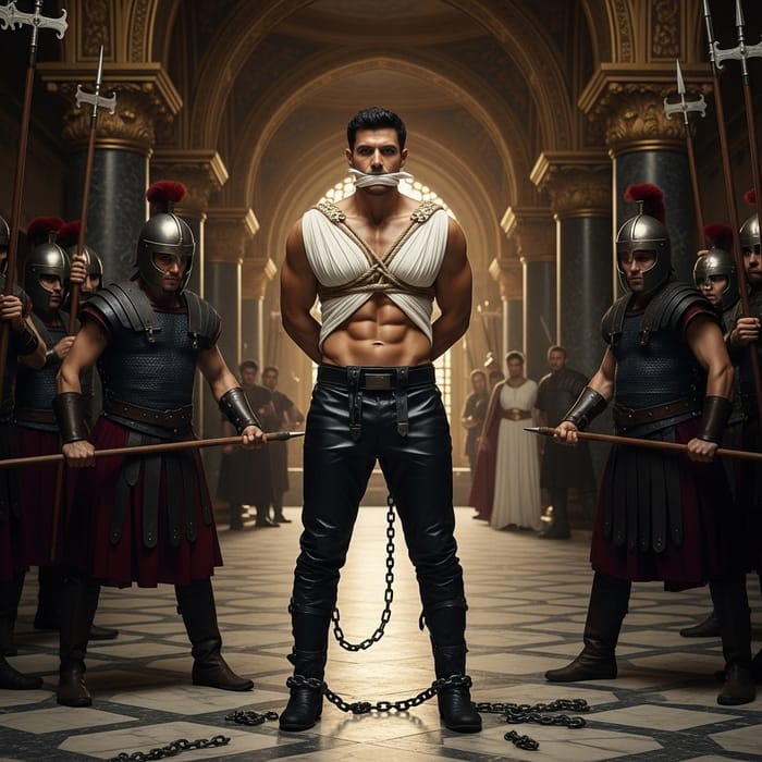 Captivating Scene: Muscular Prince's Dramatic Arrest by Palace Guards