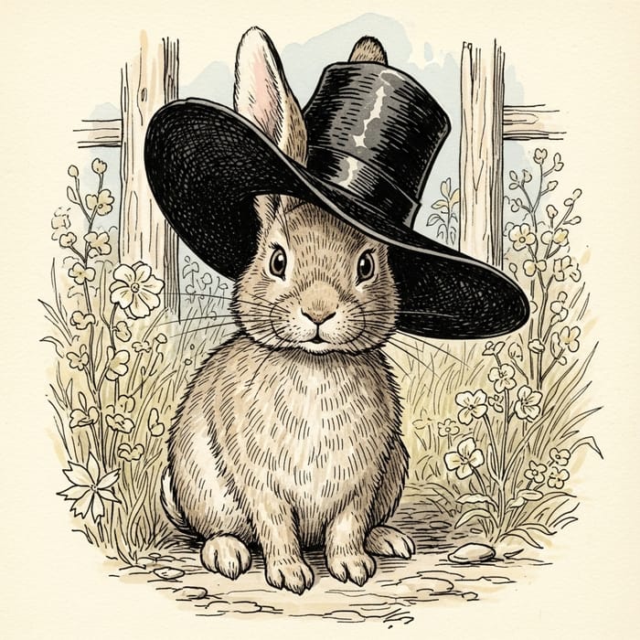 Charming Rabbit in Beatrix Potter Style with Big Hat Charming Rabbit in Beatrix Potter Style with Big Hat