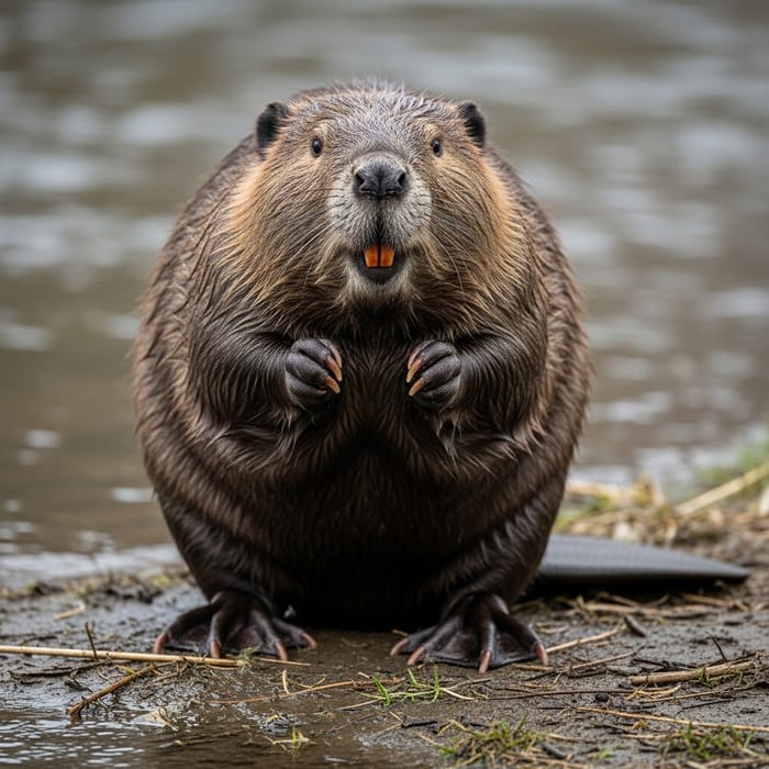 Intimidating Beaver with Buck Teeth - Riverbank Encounter Intimidating Beaver with Buck Teeth - Riverbank Encounter