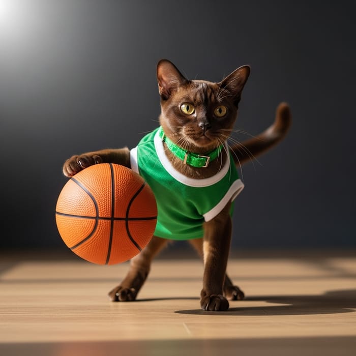 Playful Chocolate Burmese Cat Dribbling Basketball in Action