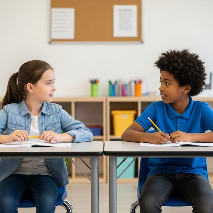 Young Girl and Boy Engage in Active Learning Conversation Young Girl and Boy Engage in Active Learning Conversation