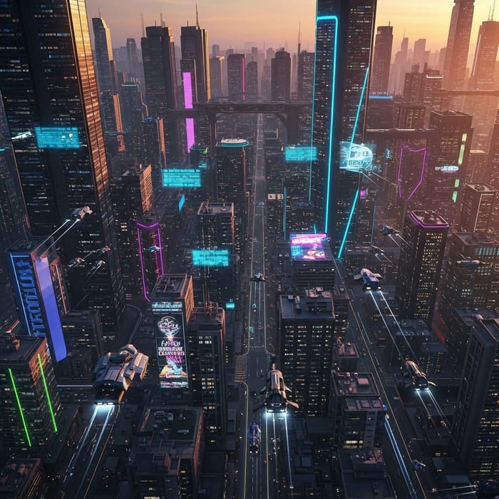 Bustling Cyberpunk Sunset Cityscape | Neon Lights & Drones Bustling Cyberpunk Sunset Cityscape | Neon Lights & Drones