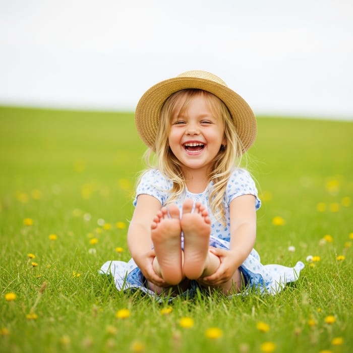 Joyful Barefoot Girl Laughing on Lush Meadow | Clean Soles Joyful Barefoot Girl Laughing on Lush Meadow | Clean Soles