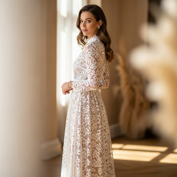 Elegant Women's White Lace Dress with Cinched Waist