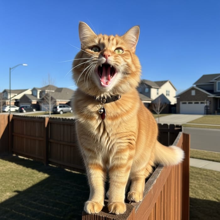 Majestic Orange Cat Crowing At Noon in Suburban Neighborhood