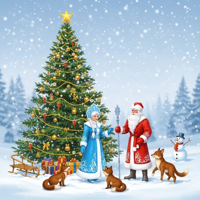 Christmas Tree, Snow Maiden, Father Frost and Forest Animals Celebration Christmas Tree, Snow Maiden, Father Frost and Forest Animals Celebration