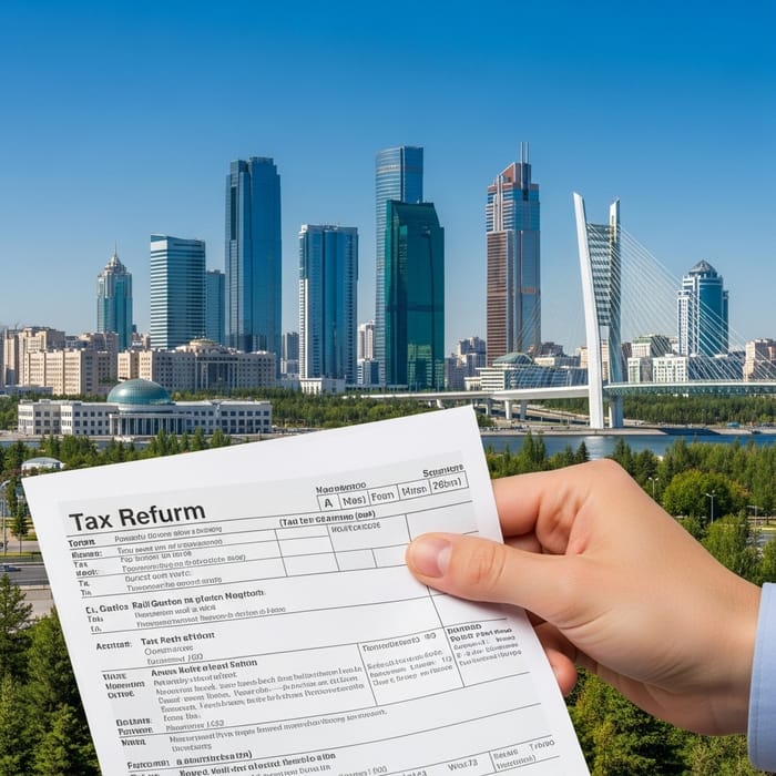 Hand Holding Tax Return in Astana | Cityscape Background Hand Holding Tax Return in Astana | Cityscape Background