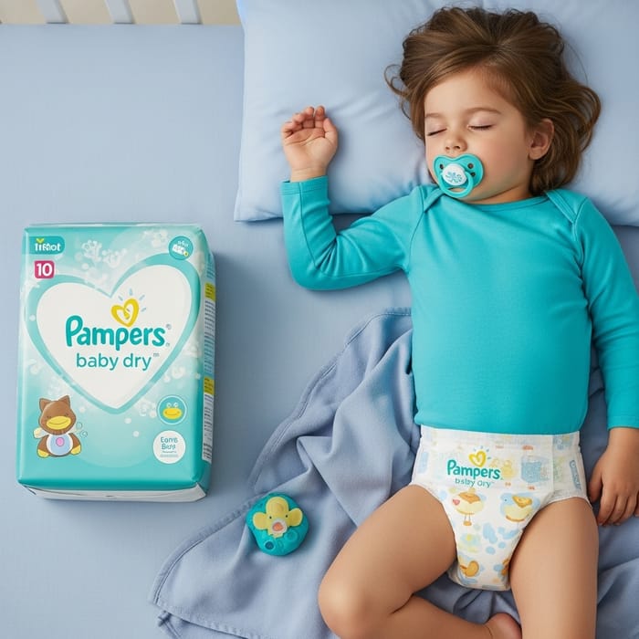 10-Year-Old Child in Pampers Baby Dry Diapers Sleeping in Crib 10-Year-Old Child in Pampers Baby Dry Diapers Sleeping in Crib