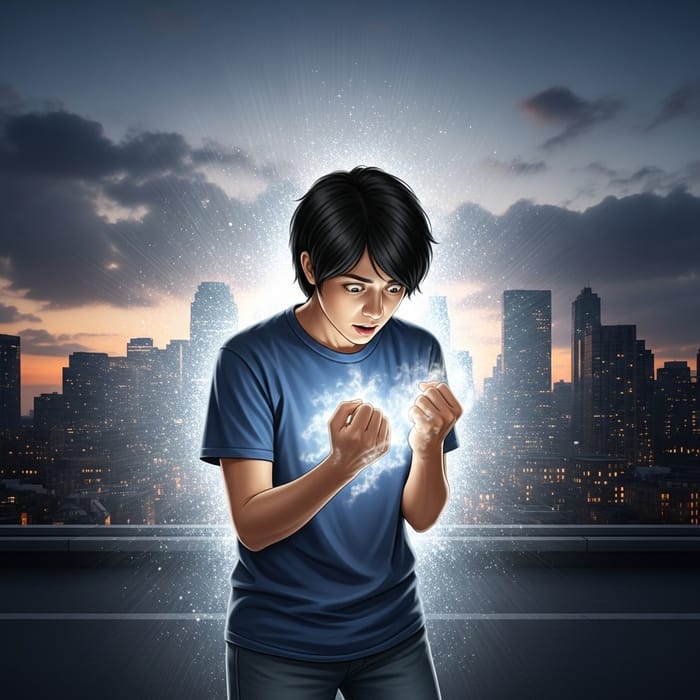 Transformed into Superhero with Glowing Powers in Urban Setting Transformed into Superhero with Glowing Powers in Urban Setting