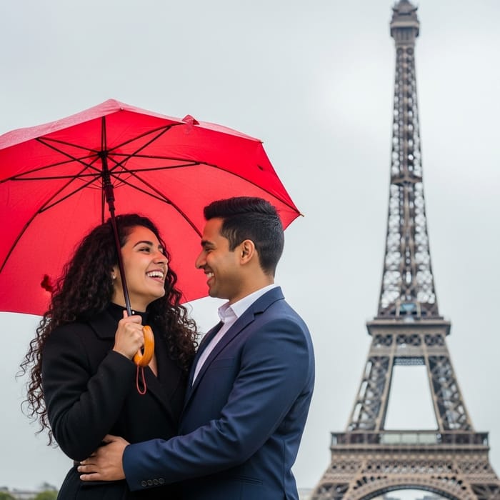Realistic Image of Romantic Couple Under Red Umbrella at Eiffel Tower
