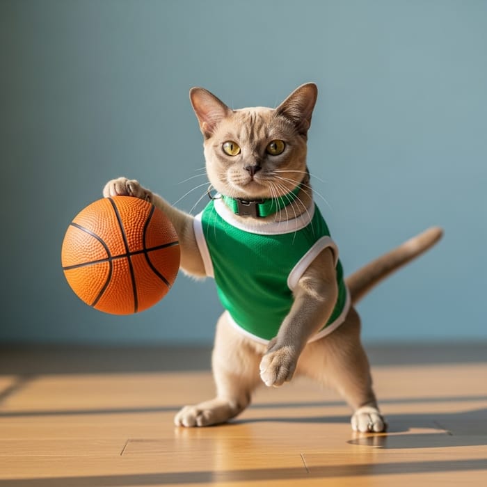 Playful Burmese Cat Dribbling Basketball in Vibrant Green Jersey | Sports Photography