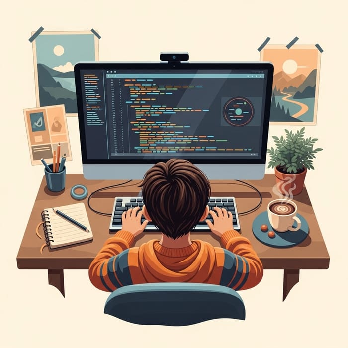 Realistic Child Coding Illustration - Computer Code Scene
