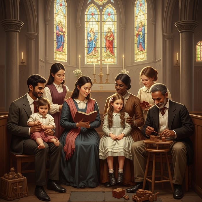 Vintage Family Unity in Church: Multicultural Scene