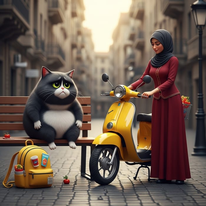 Sad Animated Black Cat on Bench - Real Yellow Moped Scene